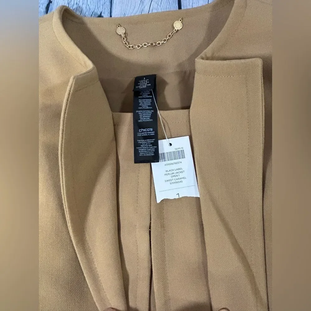 Chico’s 1 Black Label Sweet Caramel Preppy Academia Businesscore Peplum Blazer 8